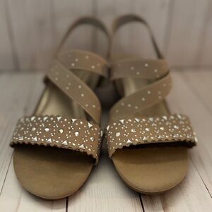 Impo Women’s Wedge Sandals Size 8 Tan Rhinestone Studded Strappy